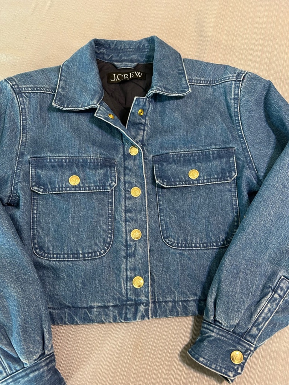 J. Crew Dark Blue Cropped Denim Jacket with Gold Buttons - Picture 5 of 14